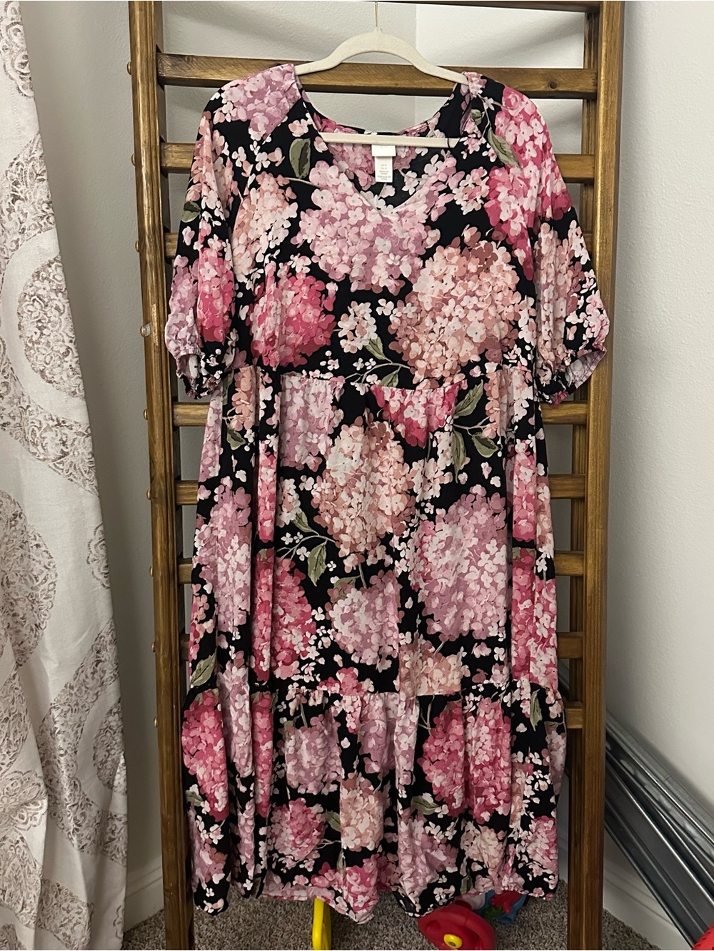 H&M Black Dress with Pink Hydrangeas